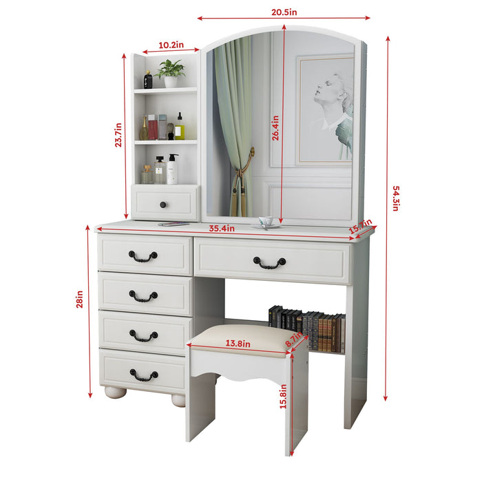White Makeup Vanity Desk with Sliding Mirror Lights 6 Drawers and Matching Chair - Monsta Online