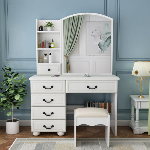 White Makeup Vanity Desk with Sliding Mirror Lights 6 Drawers and Matching Chair - Monsta Online