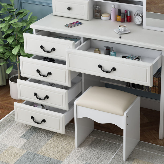 White Makeup Vanity Desk with Sliding Mirror Lights 6 Drawers and Matching Chair - Monsta Online