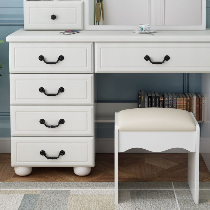 White Makeup Vanity Desk with Sliding Mirror Lights 6 Drawers and Matching Chair - Monsta Online