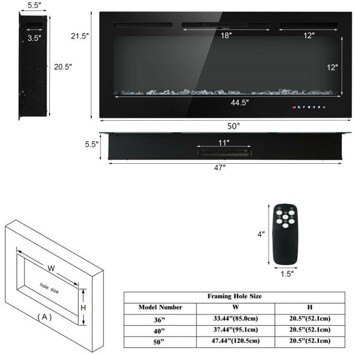50 Inch Electric Fireplace Insert Wall Mounted with Adjustable Brightness and Remote - Monsta Online
