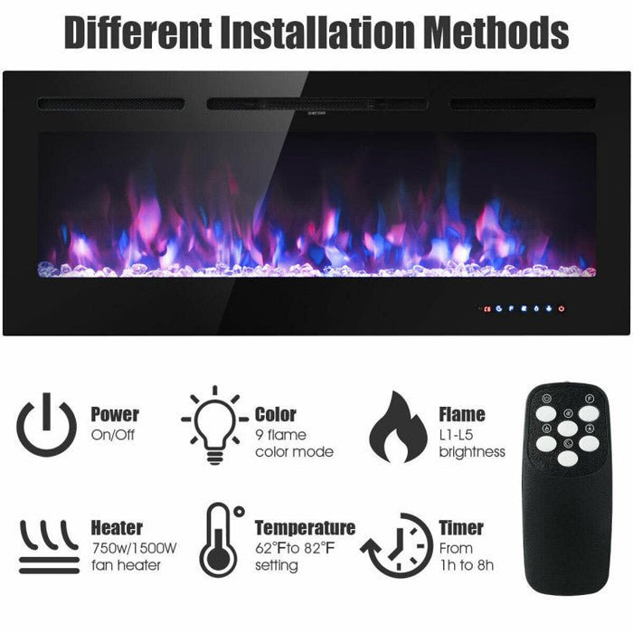 50 Inch Electric Fireplace Insert Wall Mounted with Adjustable Brightness and Remote - Monsta Online