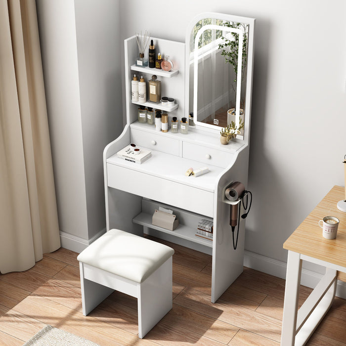 White Light - Up Vanity Desk with Mirror 3 Color LED and Cushioned Stool Set - Monsta Online