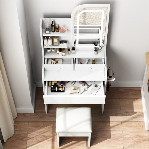 White Light - Up Vanity Desk with Mirror 3 Color LED and Cushioned Stool Set - Monsta Online
