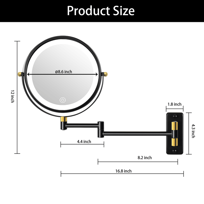 8.6 Inch Wall Mounted LED Vanity Mirror with 360 Swivel Extension Arm - Monsta Online
