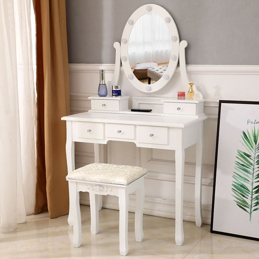 Elegant Vanity Desk with Mirror 10 LED Lights 5 Drawers and Cushioned Stool - Monsta Online