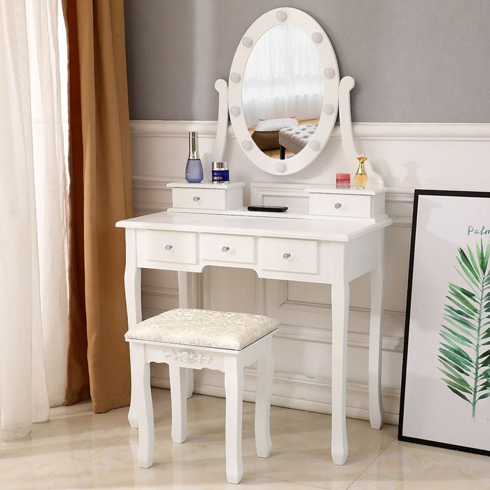 Elegant Vanity Desk with Mirror 10 LED Lights 5 Drawers and Cushioned Stool - Monsta Online