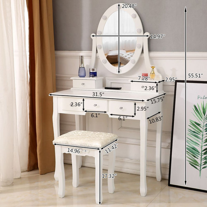 Elegant Vanity Desk with Mirror 10 LED Lights 5 Drawers and Cushioned Stool - Monsta Online