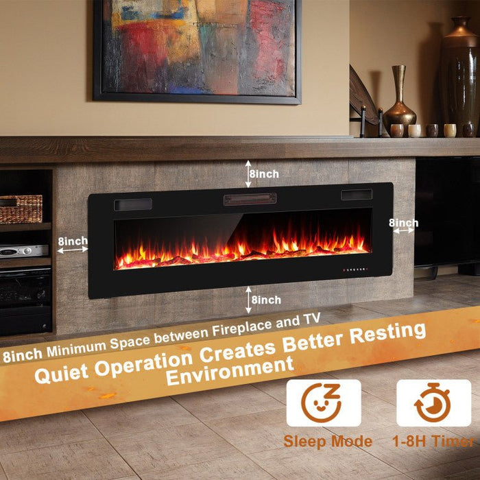 68 Inch Ultra - Thin Wall Mounted Electric Fireplace Insert with Remote, Crystals and Logs - Monsta Online