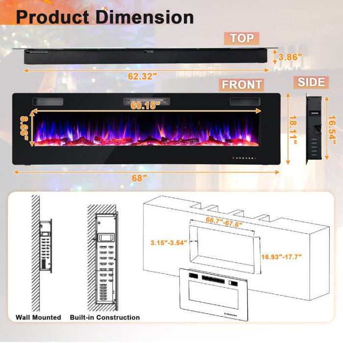 68 Inch Ultra - Thin Wall Mounted Electric Fireplace Insert with Remote, Crystals and Logs - Monsta Online