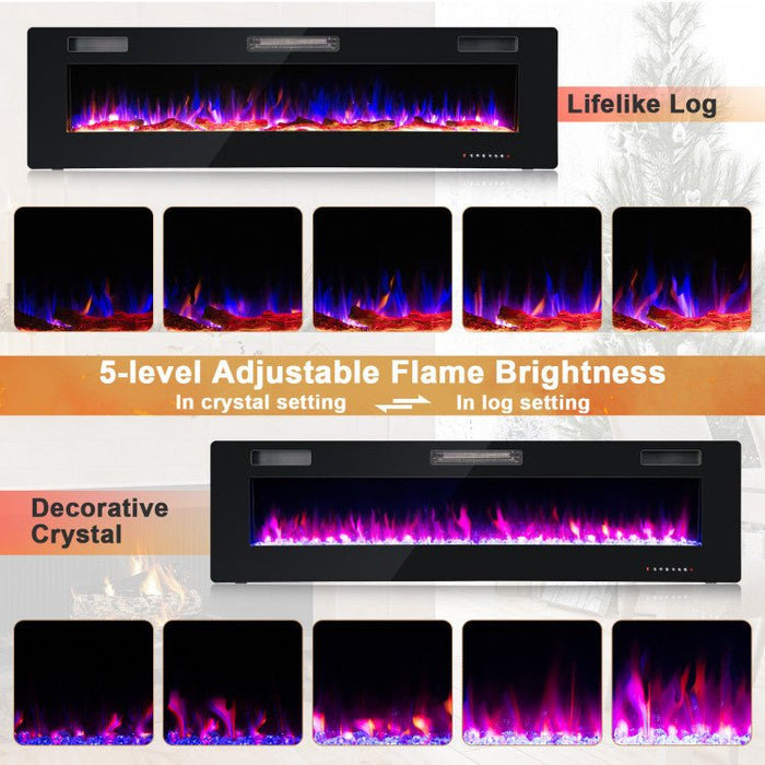 68 Inch Ultra - Thin Wall Mounted Electric Fireplace Insert with Remote, Crystals and Logs - Monsta Online