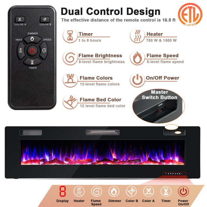 68 Inch Ultra - Thin Wall Mounted Electric Fireplace Insert with Remote, Crystals and Logs - Monsta Online