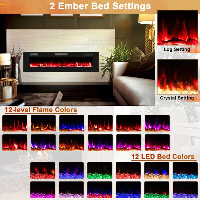 68 Inch Ultra - Thin Wall Mounted Electric Fireplace Insert with Remote, Crystals and Logs - Monsta Online