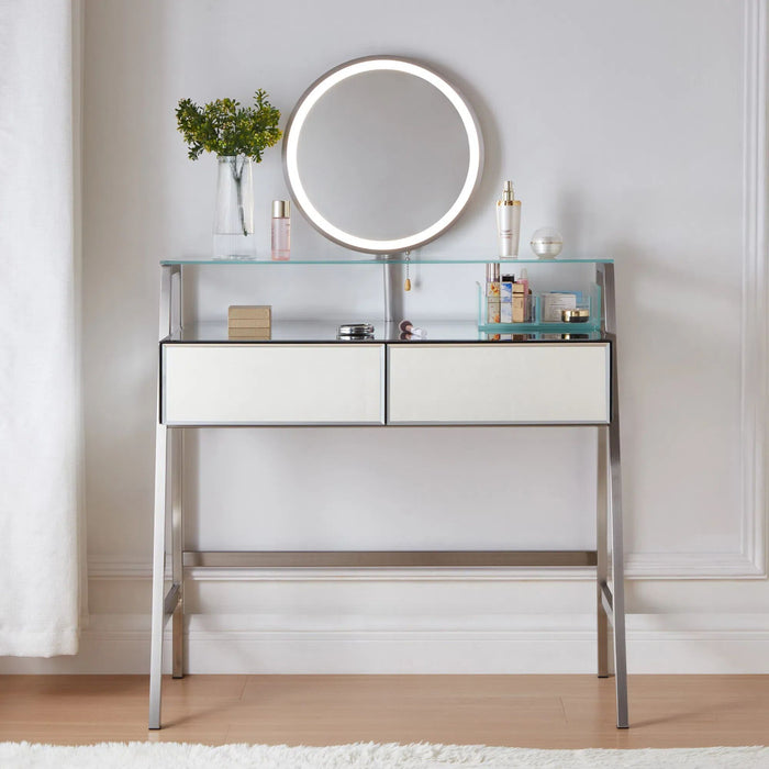 Elegant Makeup Vanity with Mirror Lights Drawers Metal Build and Charging Station - Monsta Online