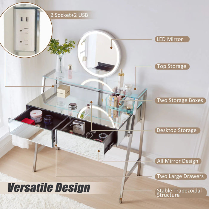 Elegant Makeup Vanity with Mirror Lights Drawers Metal Build and Charging Station - Monsta Online