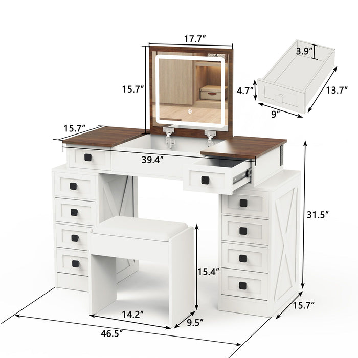 White Vanity Desk with Flip - up LED Mirror, 10 Drawers and Stool - Monsta Online