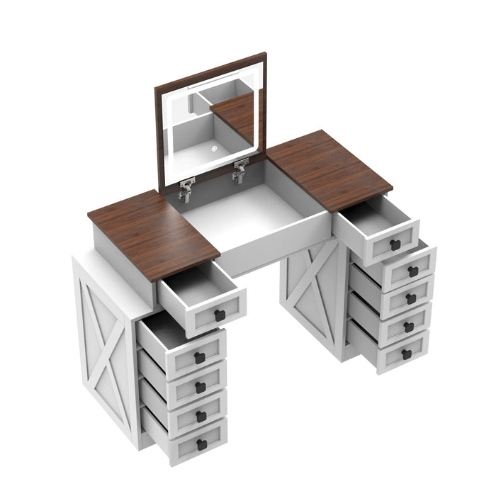 White Vanity Desk with Flip - up LED Mirror, 10 Drawers and Stool - Monsta Online