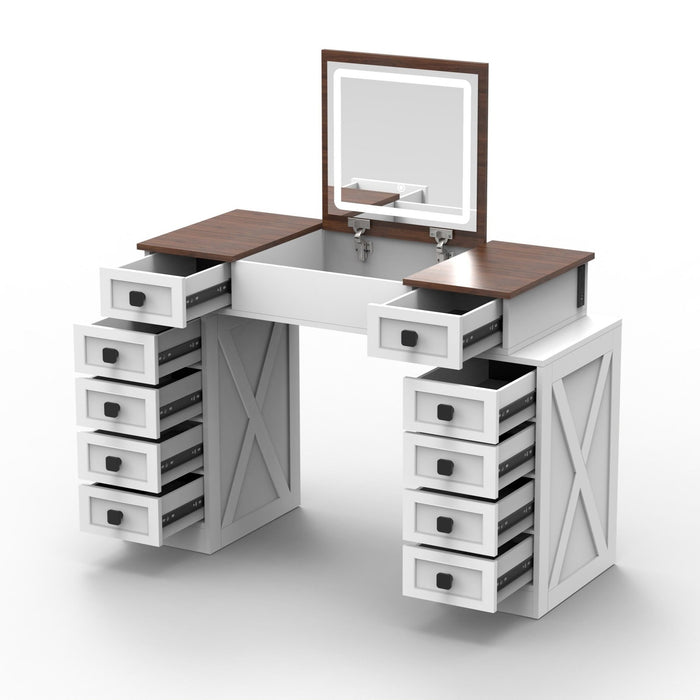 White Vanity Desk with Flip - up LED Mirror, 10 Drawers and Stool - Monsta Online