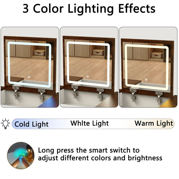 White Vanity Desk with Flip - up LED Mirror, 10 Drawers and Stool - Monsta Online
