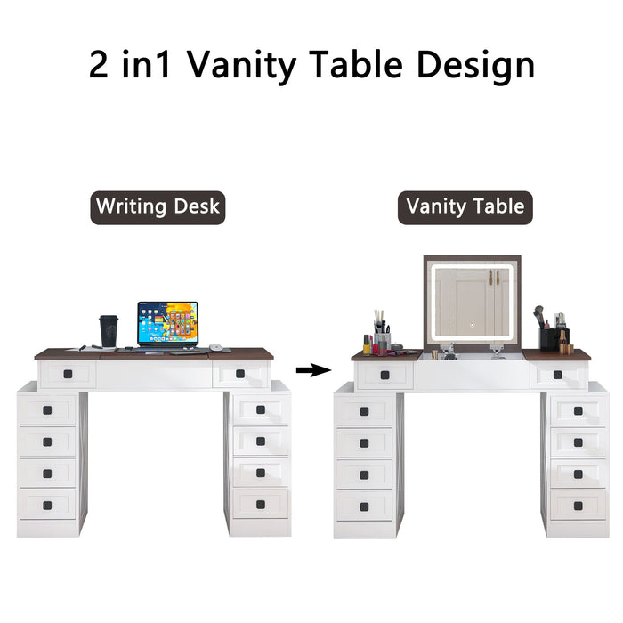 White Vanity Desk with Flip - up LED Mirror, 10 Drawers and Stool - Monsta Online