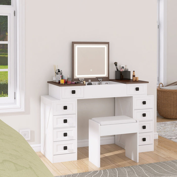 White Vanity Desk with Flip - up LED Mirror, 10 Drawers and Stool - Monsta Online