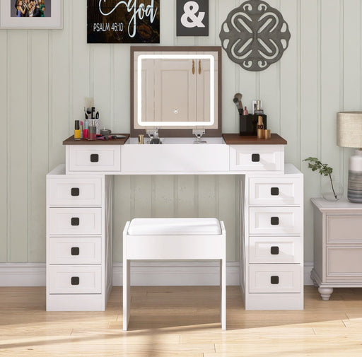 White Vanity Desk with Flip - up LED Mirror, 10 Drawers and Stool - Monsta Online
