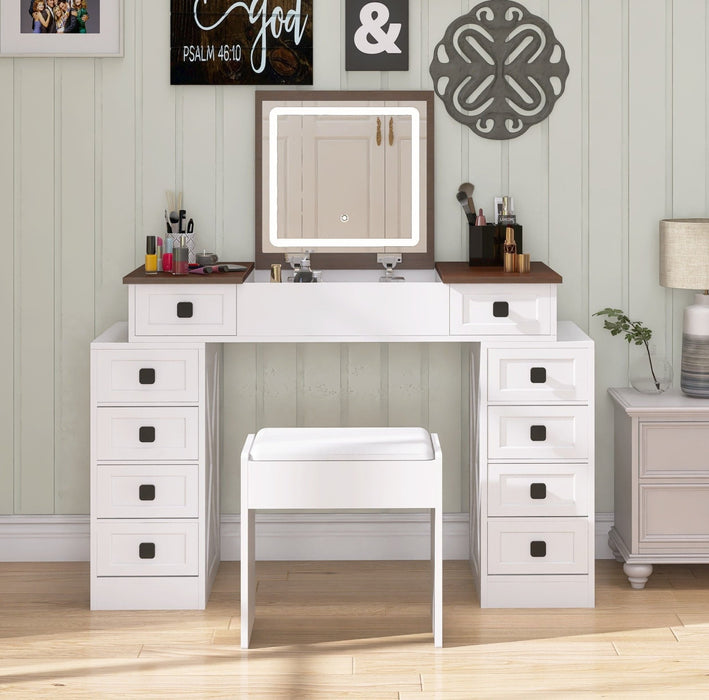 White Vanity Desk with Flip - up LED Mirror, 10 Drawers and Stool - Monsta Online