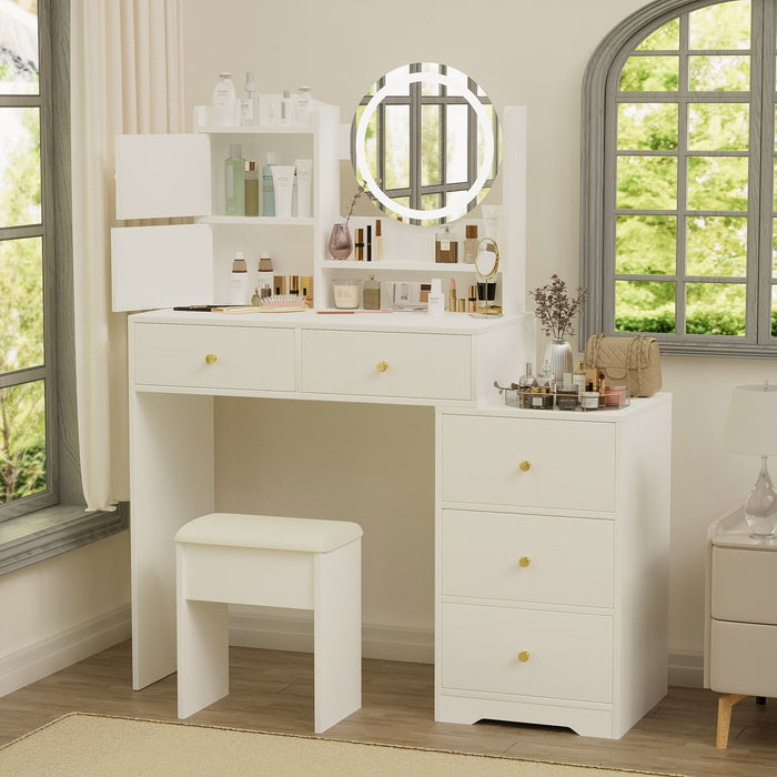 White Makeup Vanity with Round LED Mirror and Cushioned Chair - Monsta Online