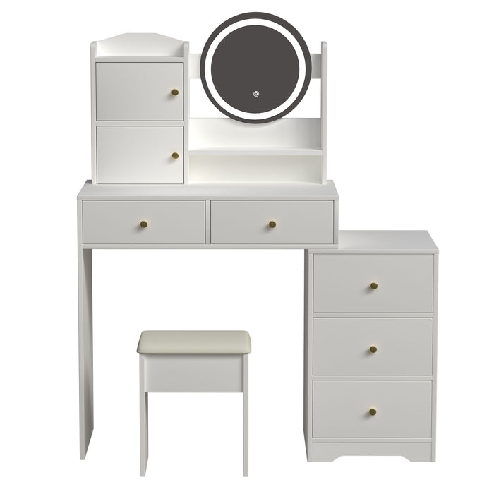 White Makeup Vanity with Round LED Mirror and Cushioned Chair - Monsta Online