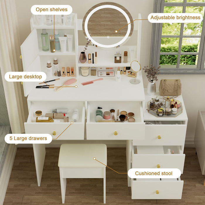 White Makeup Vanity with Round LED Mirror and Cushioned Chair - Monsta Online