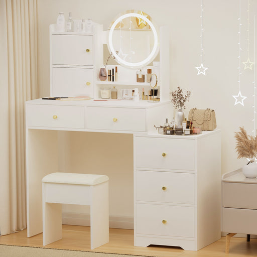 White Makeup Vanity with Round LED Mirror and Cushioned Chair - Monsta Online