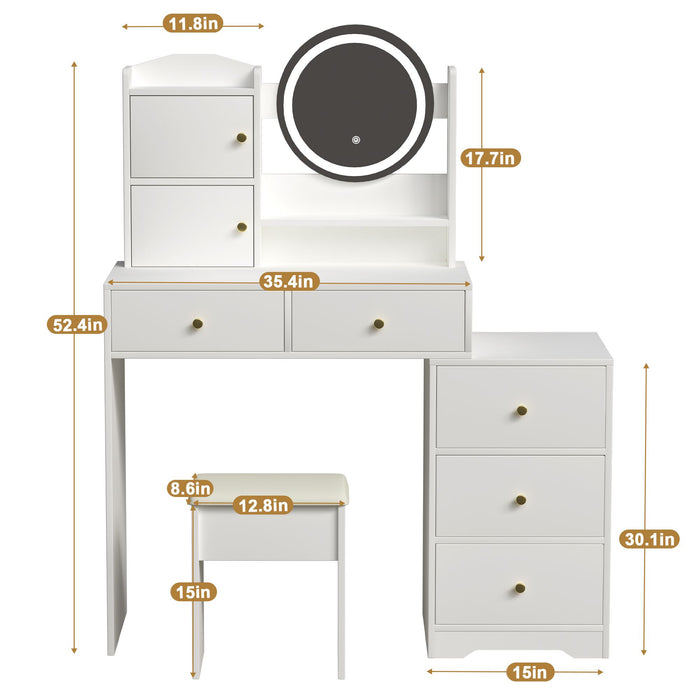 White Makeup Vanity with Round LED Mirror and Cushioned Chair - Monsta Online