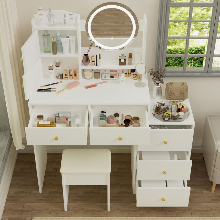 White Makeup Vanity with Round LED Mirror and Cushioned Chair - Monsta Online