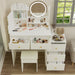 White Makeup Vanity with Round LED Mirror and Cushioned Chair - Monsta Online