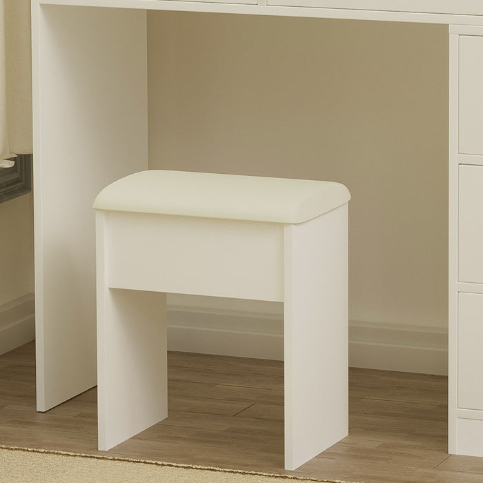 White Makeup Vanity with Round LED Mirror and Cushioned Chair - Monsta Online