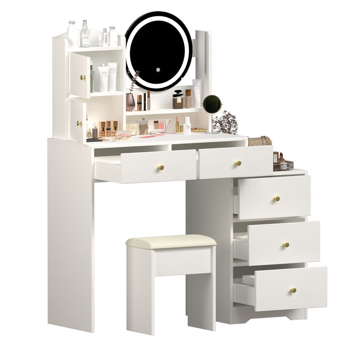 White Makeup Vanity with Round LED Mirror and Cushioned Chair - Monsta Online