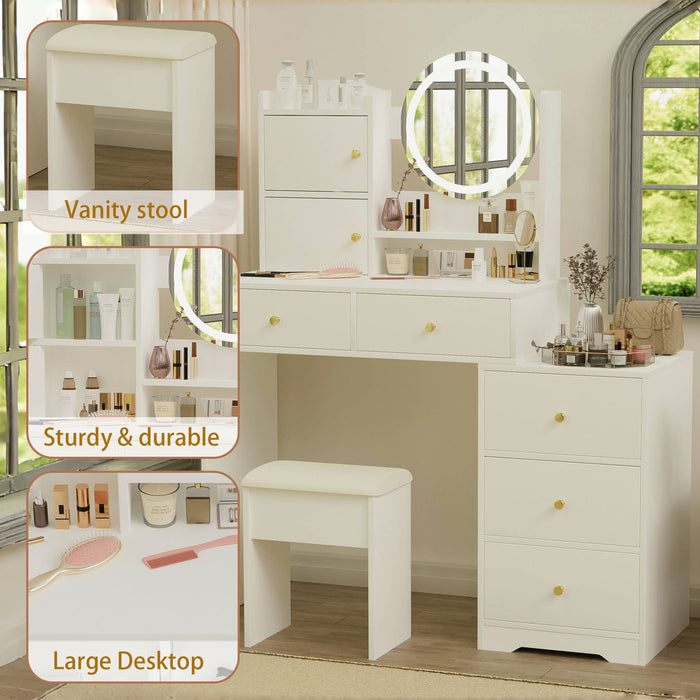 White Makeup Vanity with Round LED Mirror and Cushioned Chair - Monsta Online
