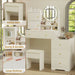 White Makeup Vanity with Round LED Mirror and Cushioned Chair - Monsta Online