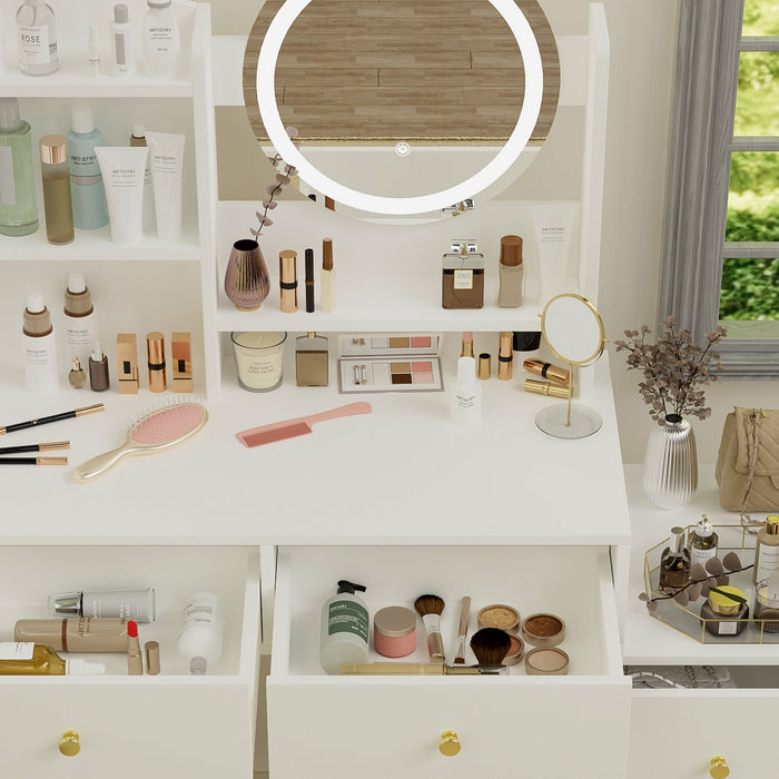 White Makeup Vanity with Round LED Mirror and Cushioned Chair - Monsta Online