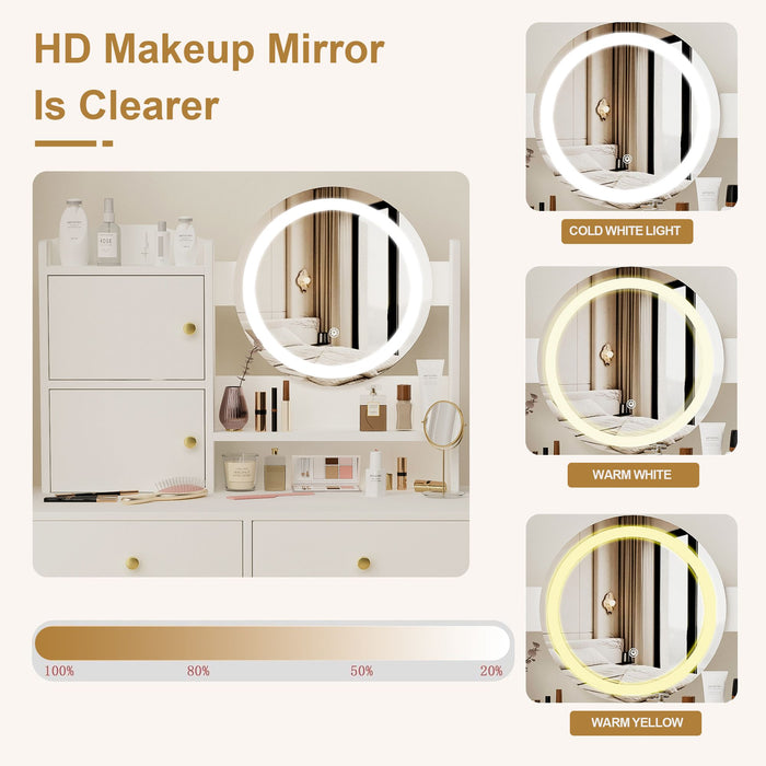 White Makeup Vanity with Round LED Mirror and Cushioned Chair - Monsta Online