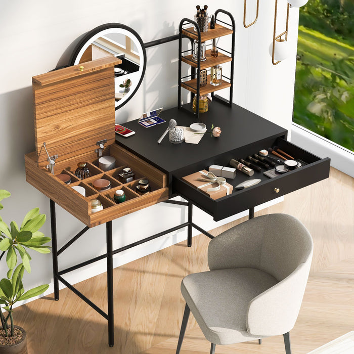 Modern Vanity Desk with LED Mirror and Charging Station for Bedroom Storage - Monsta Online