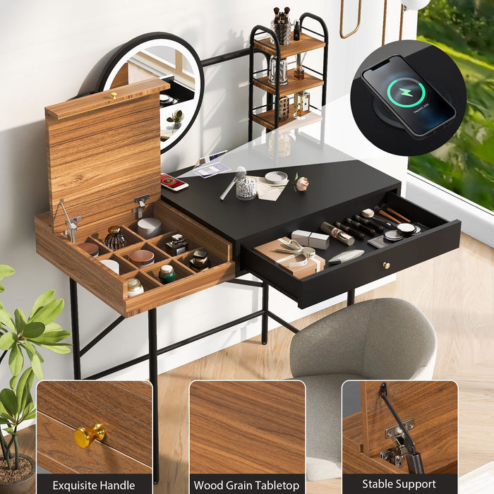 Modern Vanity Desk with LED Mirror and Charging Station for Bedroom Storage - Monsta Online