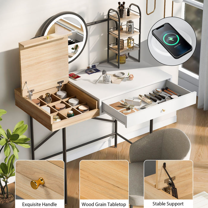 Modern Vanity Desk with LED Mirror and Charging Station for Bedroom Storage - Monsta Online