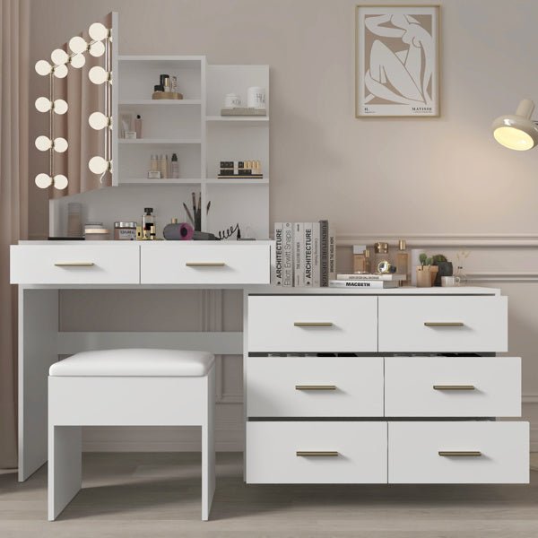 Large White Makeup Vanity with 10 Bulb Mirror, Storage Drawers and Charging Station - Monsta Online