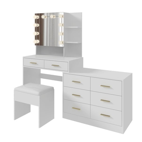 Large White Makeup Vanity with 10 Bulb Mirror, Storage Drawers and Charging Station - Monsta Online