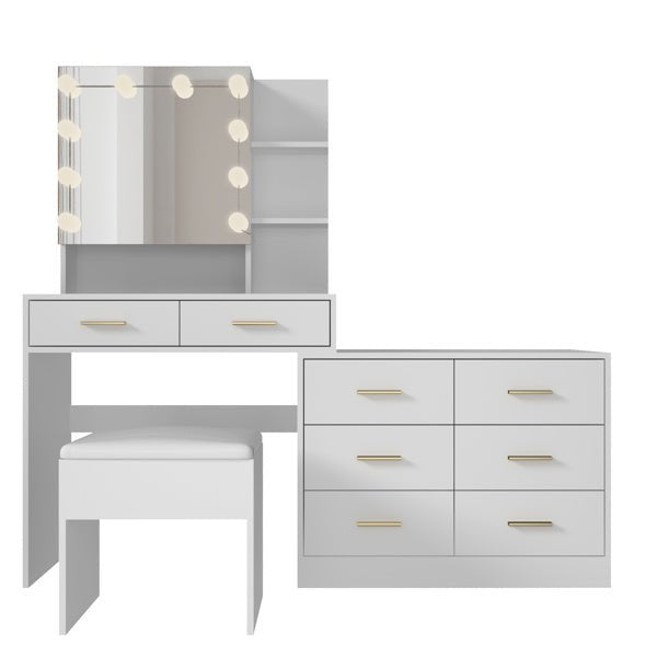 Large White Makeup Vanity with 10 Bulb Mirror, Storage Drawers and Charging Station - Monsta Online