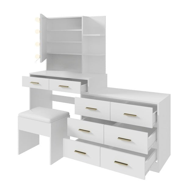 Large White Makeup Vanity with 10 Bulb Mirror, Storage Drawers and Charging Station - Monsta Online