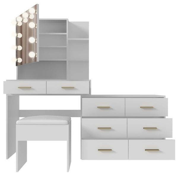 Large White Makeup Vanity with 10 Bulb Mirror, Storage Drawers and Charging Station - Monsta Online