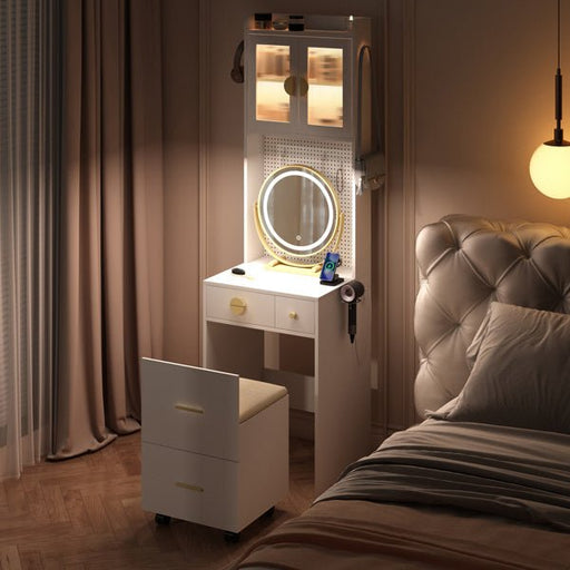 Compact White Vanity Desk with LED Mirror and Hidden Storage Stool - Monsta Online