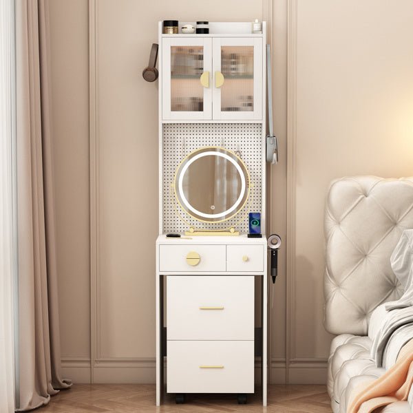Compact White Vanity Desk with LED Mirror and Hidden Storage Stool - Monsta Online